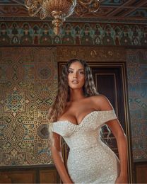 Bling Bling Sexy Mermaid Wedding Dresses Sequins Overskirts Trumpet Bridal Gowns Off Shoulder Plus Size Wedding Dress Middle East287Z