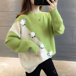 Cute Sheep Pattern Loose Pullover Sweater Women 2020 Fall Winter Korean School Contrast Colour Knit Jumper Female Knitwear X0721