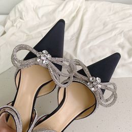luxurious Designers Dress shoe Evening Slingback Satin Bow Pumps 6.5cm Crystal-Embellishments rhinestone spool Heels sandals for women 6128