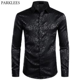 Men's Floral Black Dress Shirts Stylish Long Sleeve Steampunk Shirt Men Party Club Bar Social Shirt Male Chemise Homme 210628