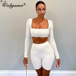 Colysmo Casual Ruched Two Piece Set Women Tracksuit Summer Crop Top And Biker Shorts Matching Sets Bodycon Outfits Sportswear 210527