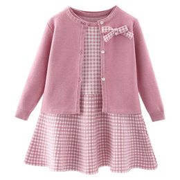 Autumn children's baby sweater knitting long sleeve dress Christmas Day party girl's plaid sweater coat Plaid vest suit dress 211027