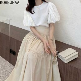 Korejpaa Women Set Summer Korean Simple Basic Round Neck Loose Lantern Sleeve Shirt High Waist All-match Large Swing Skirt 210526