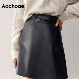 Aachoae Chic Women Black PU Faux Leather Skirt With Belt High Waist Ladies Mini Skirt Female A Line Fashion Skirts 210306