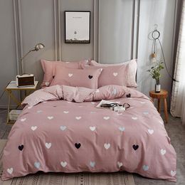 Luxury Nordic Style Pure Cotton Bedding Sets Duvet Cover Bed Sheet Pillowcases Home Textiles 3-4pcs pink heart leaves pattern C0223