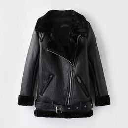 Women's Fur & Faux Retro Lapel Velvet Padded Coat Warm Fashion PU Leather Motorcycle Clothing Bomber Jacket Winter Casual Thick Suede Coats