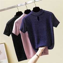 Shintimes Summer Fashion Harajuku T Shirt Women Knitted Hollow Out Sexy Tops Short Sleeve Turtleneck Tshirts White Black 210310