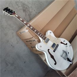 White Semi-Hollow Body Chrome Hardware 2 Pickups Electric Guitar with Big Tremolo Bridge,Rosewood Fingerboard,Can be customized