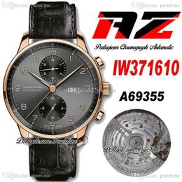 AZF IW371610 A69355 Automatic Chronograph Mens Watch Rose Gold Grey Dial Champagne Number Markers Black Leather Strap Stopwatch Super Edition Puretime i9