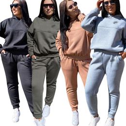 Winter New Thick Warm Printing Two-piece Suits LOGO Tracksuits Women's Hooded Long-sleeved Top And Pants With Fashion Casual Two Piece Suit