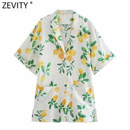 Zevity Women Tropical Leaves Fruit Print Mini Shirt Dress Female Chic Short Sleeve Pocket Loose Kimono Vestido DS8380 210603