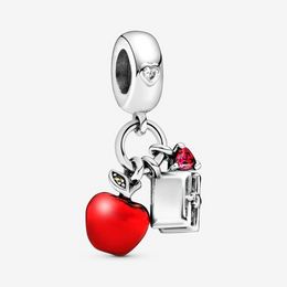 Authentic 925 Silver Beads Bracelets Red Enamel Apple & Heart Charm Slide Bead Charms Fits European Pandora Style Jewelry Bracelets Murano