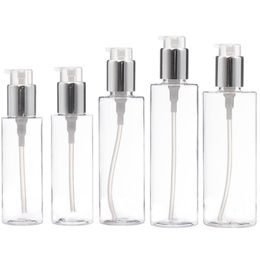 Refillable Plastic Clear Bottle Flat Shoulder PET Shiny Silver Collar Transparent Lotion Press Pump Empty Cosmetic Packing Container 100ml 120ml 150ml 200ml 250ml