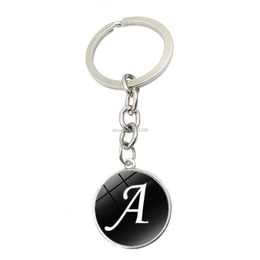 Glass Cabochon Key Chain 26 English Letters Time Gemstone Keychain Silver Keyrings Bag Hangs Fashion Accessories