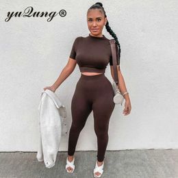 Yuqung Brown Women Sport Fitness 2 Two Piece Set Outfits Short Sleeve Crop Tops Tshirt Leggings Pants Suit Bodycon Tracksuit Y0625