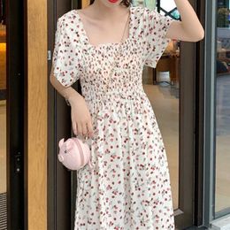 Elegant Vintage Floral Dress Puff Sleeve Designer Women Slim Beach Casual Long Fairy Women's Summer Sundresses 210604