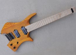 Natural Wood Colour 7 Strings Ash Headless Electric Guitar with 26 Frets,Maple Fretboard,Slanted Frets