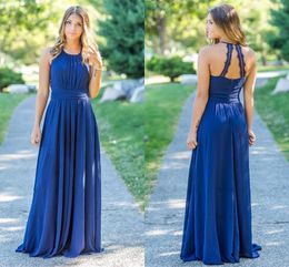 Elegant Country Style Royal Blue Chiffon Bridesmaid Dresses Long Halter Jewel Neck Ruffles Floor Length Plus Size Wedding Guest Dress Maid of Honor Gowns