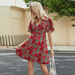 Sexy V Neck Print Woman Dresses Summer Casual Short Sleeve Slim Waist Mini Beach Sundress Big Red Flower Boho Dress Vestidos 210526