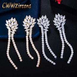 Sparkling White Cubic Zircon Long Dangle Tassel Drop Earrings Dubai Indian Gold Colour Women Wedding Jewellery CZ777 210714