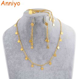 Anniyo Small Coin Jewelry Set GirlsNecklace Earring Bracelet Ring Gold Color Arab Jeweler Metal Coins for Kids #049706