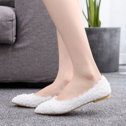 2021 Ballet Flats White Pearl Lace Wedding Shoes Pointed Toe Women Princess Big Size 43