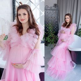 Summer Illusion Pregnant Women Photo Dress Pink Tiered Ruffles Long Sleeve Robes Formal Event Overlay Sleepwear Nightgowns
