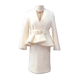 PERHAPS U Women Pink White Green Winter Faux Fur V Neck Sash Long Sleeve Pencil Mini Skirt 2 Two Piece Set Elegant Solid T0088 210529