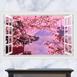 3D Fake Window Landscape Wall Stickers Japanese Cherry Blossom Wallpaper Living Room Kitchen Removable Decals Home Decorations 210308