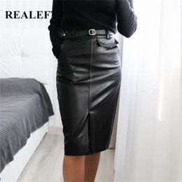 REALEFT Black PU Leather Skirt Autumn Winter Front Split Pencil Midi Skirts Elegant High Waist Sheath Wrap Skirts with Belt 210310