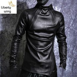 Autumn Winter Men Stand Collar Warm Fleece Lining Pullover Gothic Slim Fit Punk Coat Black Motorcycle Pu Leather Jacket 211009