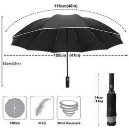 Windproof Reverse Automatic Umbrella Rain Women 3Fold Female Male 10 Bone Reflective Stripe Large Business Umbrellas Men Parasol 210223