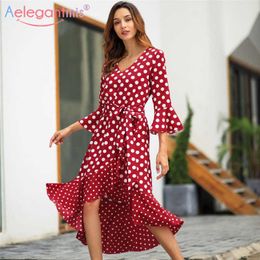 Aelegantmis Fashion Ruffles Dot Dress Women Elegant Nightclub Party Butterfly Sleeve V-Neck Mid-Calf Ladies 210607