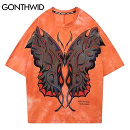 GONTHWID Hip Hop Tshirts Streetwear Butterfly Print Punk Pock Gothic Tie Dye Tees Shirts Mens Harajuku Fashion Short Sleeve Tops C0315