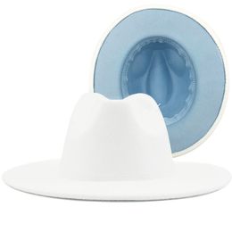Simple Outer white Inner Sky blue Wool Felt Jazz Fedora Hats with Thin Belt Buckle Men Women Wide Brim Panama Trilby Cap