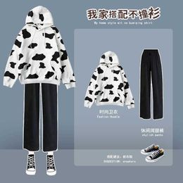 Cow pattern sweatshirt suit spring autumn Korean women student fashion loose hoodie + two-piece casual wide-leg pants 210526