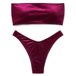 Bathing Suit Women Velvet Thong Bikini Brazilian Swimsuit Solid Sexy Bandeau Swimming Swimwear Female Summer Beachwear 210722