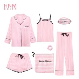 HNM Pink Stripe Print Pyjamas Set Silk Satin Homewear Women's 7 Pieces Sleepwear Sets Pyjama Women Spring Summer Autumn 210809