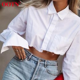 OOTN White Sexy Crop Top Long Sleeve Women Blouse Shirt Cotton Solid Asymmetrical Hem Casual Top Female Blouse Button Bown 210225