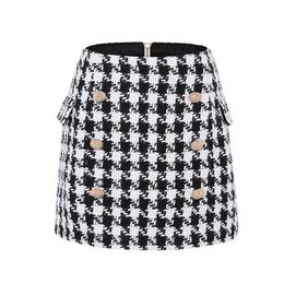 New Fashion Runway 2021 Designer Skirt Women's Metal Lion Buttons Embellished Houndstooth Tweed Mini Skirt 210309