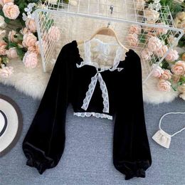 Sexy Halter Lace Patchwork Short Blouse For Women Casual Puff Sleeve Velvet Shirt Female Black Tops Fashion Autumn Winter 210719