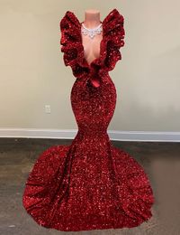 Red Carpet Party Dresses Celebrity Evening Dresses Bling Sequins Sexy V Neck Prom Gown Full Sleeves Robe De Soiree274I