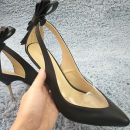 Dress Shoes Sexy Black Leather Pumps High Heel Party Women Spring Autumn Pointed Toe Bowing Stiletto 11cm Heels