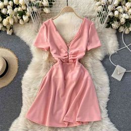 Fashion Summer Women Korean Dress Zipper-up Front Deep V-neck Short Sleeve High Waist A-line Mini Party Vestidos 210603
