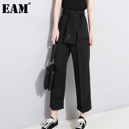 [EAM] Spring High Waist Lace Up Black Slim Temperament Trend Fashion Women's Wild Casual Wide Leg Pants LA2 211115