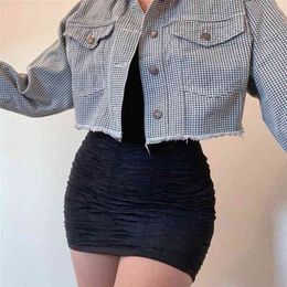 Autumn Drop Shoulder Cheque Plaid Short Jacket Vintage Women Lapel Pockets Single Breasted Draped Jean Coat Cool Outerwear 210922