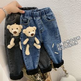 2-6 Years Winter Girls Boys Cute Cartoon Bear Jeans Pant Baby Kids Children Thick Warm Fleece Denim Trousers 210303