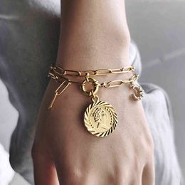 Charms Women Double Layered Gold Colour Paperclip CZ Moon Round Elizabeth Queen Chain Bracelet LDB308