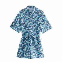 Fashion Floral Printed Vintage Jumpsuits Women Elegant Buttons Short Sleeve Turn Down Collar Ladies 210531