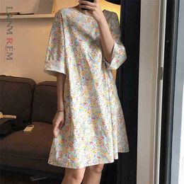Women Printing Mini Dress Round Neck Three Quarter Sleeve Loose Fit Fashion Spring Autumn 2E1552 210526